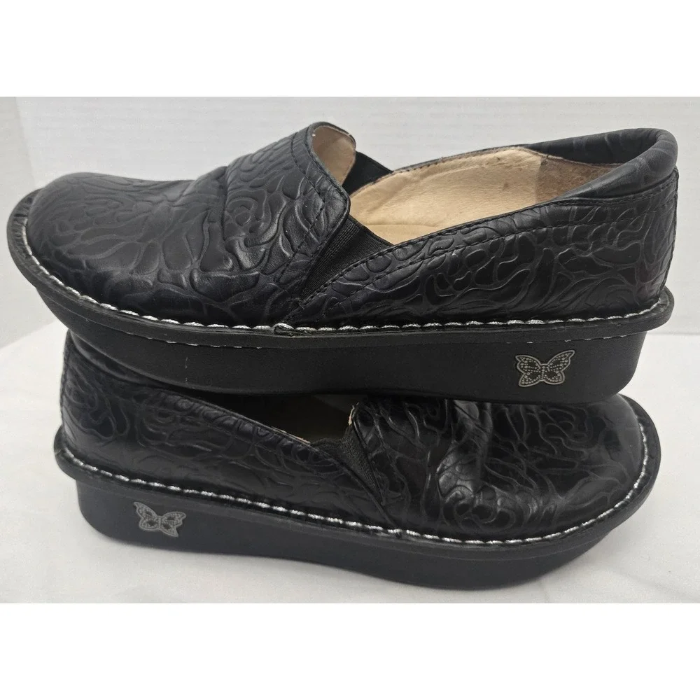 Alegria Debra Comfort Shoes EU Size 37 Black Leather Embossed Floral Slip On GUC